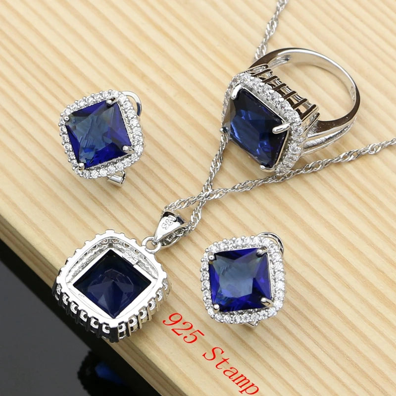 925 Silver Jewelry Sets Square Blue Sapphire Costume for Women Hoop Earrings Rings Bracelet Necklace Set Dropshipping Good Vibrations