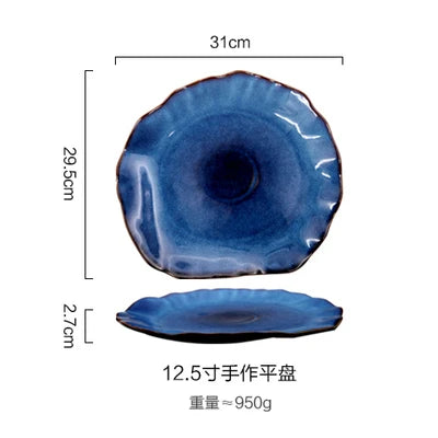 Household Ceramic Dinner Plate European Style Blue Glaze Salad Bowl Irregular Tableware Western Dinner Plate/kitchen Supplies Good Vibrations