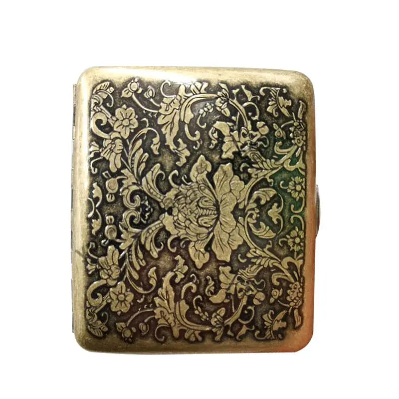 Vintage metal cigarette case with intricate floral design, fits 20 cigarettes, ideal as a men's gift accessory.