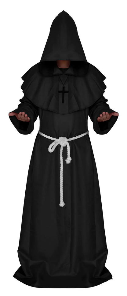 Medieval Monk Halloween Costumes Comic Con Party Cosplay Costume Hooded Robes Cloak Cape Friar Renaissance Priest for Men Good Vibrations