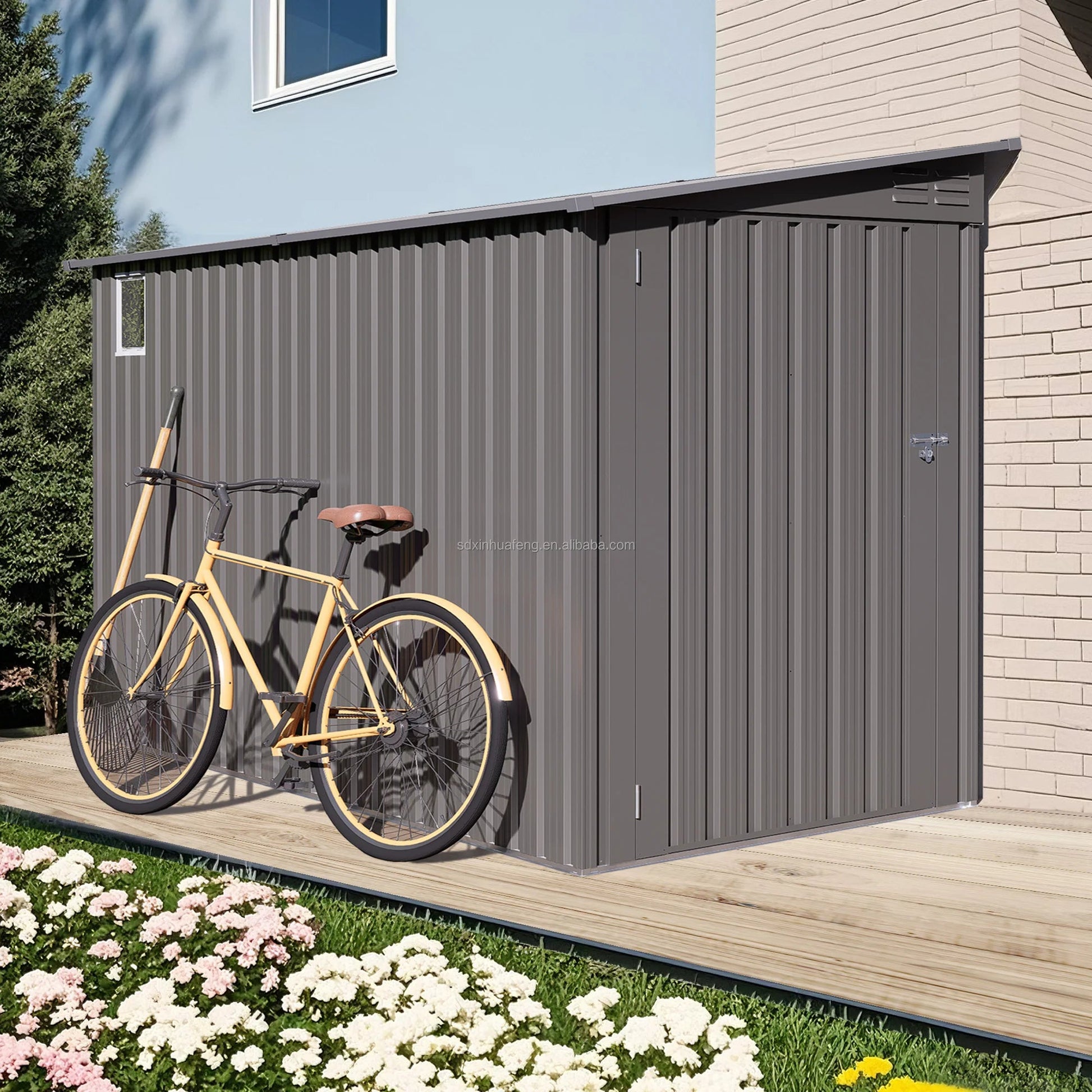 4*9ft Free Shipping in Stock Metal Outdoor Tool House Storage Shed Supplier in USA  Weather Resistant Tool House with Side Door Good Vibrations