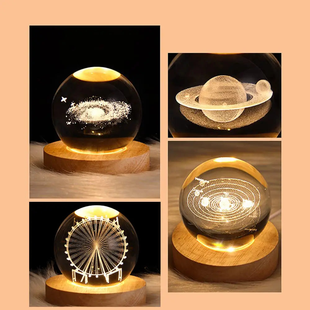 Gift Custom 3d Art 6cm Crystal Ball Night Lamp Luminous USB Wood Base Glowing Decoration Solar System Led Night Lights Good Vibrations