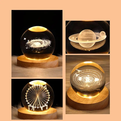 Gift Custom 3d Art 6cm Crystal Ball Night Lamp Luminous USB Wood Base Glowing Decoration Solar System Led Night Lights Good Vibrations