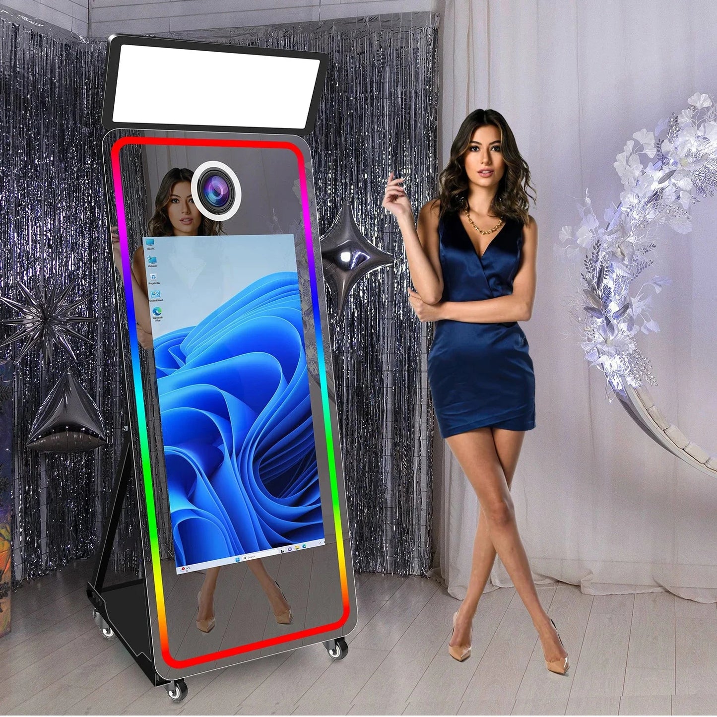 Fashion LED Frame Selfie Magic Mirror Photobooth Machine Touch Screen SLR Compatible Camera Printer for Parties and Events Good Vibrations