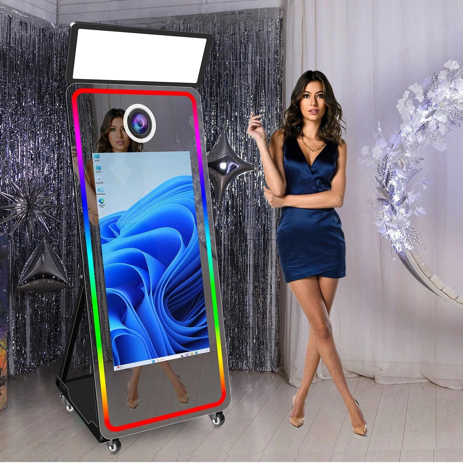 Fashion LED Frame Selfie Magic Mirror Photobooth Machine Touch Screen SLR Compatible Camera Printer for Parties and Events Good Vibrations