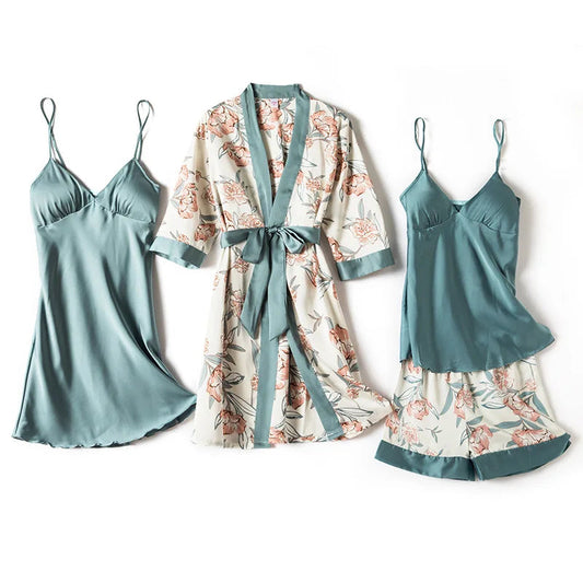 Pajamas for Women Pijama Mujer 4 Piece Set Sexy Ladies Pyjama Sleepwear Women Pajama Sets Sleep Lounge with Chest Pads Home Wear Good Vibrations