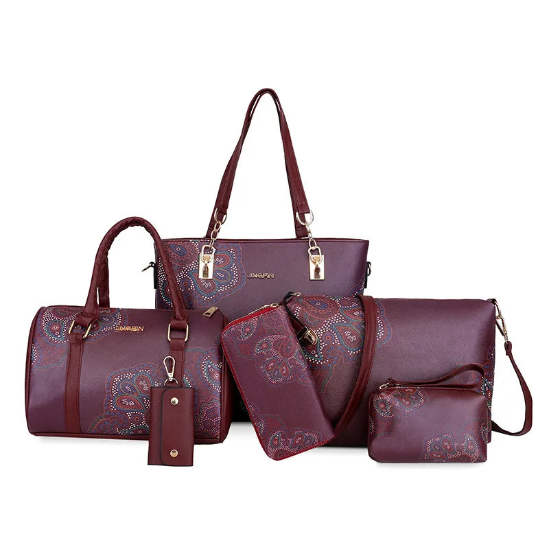 2025 Drop Shipping 6 Piece Set Women Handbags Floral Print PU Leather Composite Bag Clutch Set Large Shoulder Bag Purse Female Good Vibrations