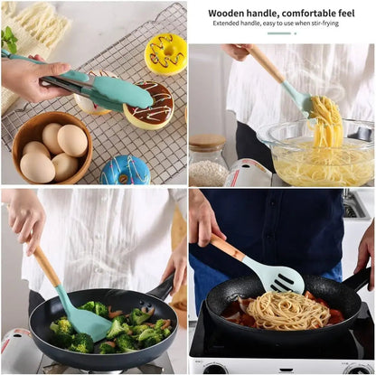 2022 Christmas Gift Food Grade Silicone Cutlery Set Wooden Handle Kitchen Gadgets Kid With Spatula Spoon Spaghetti Server Laddle Good Vibrations