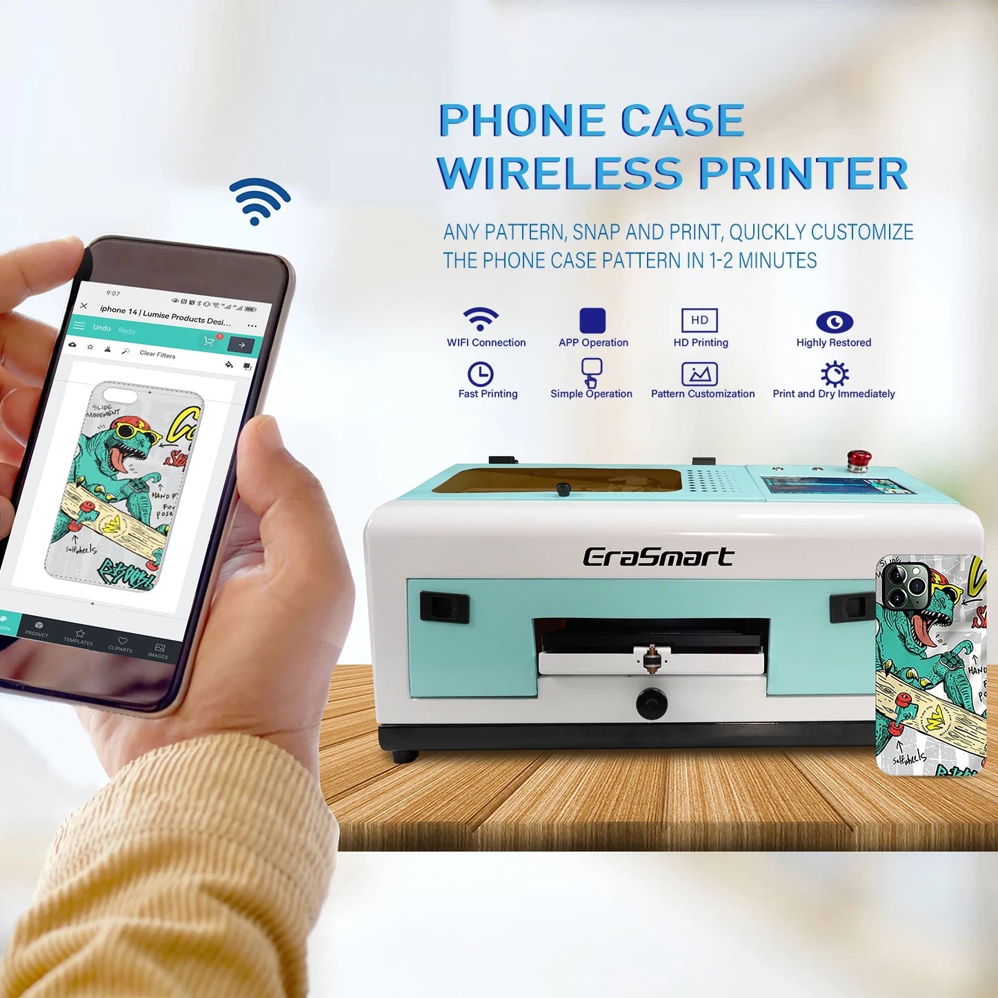 Erasmart Automatic Smart Printer Machine Wifi Connection Phone Cases Printing Wireless UV Printer Good Vibrations