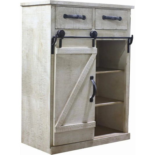Paris Loft Rustic White Disstressed Wood Storage Cabinet with Sliding Barn Door, Vintage Farmhouse Wood Storage Console Cabinet Good Vibrations