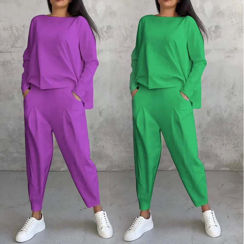 Plus Size Spring Fall Women's Clothing Ladies Solid Color O Neck Long Sleeve T Shirt Pocket Pants Casual Two Piece Women Set Good Vibrations