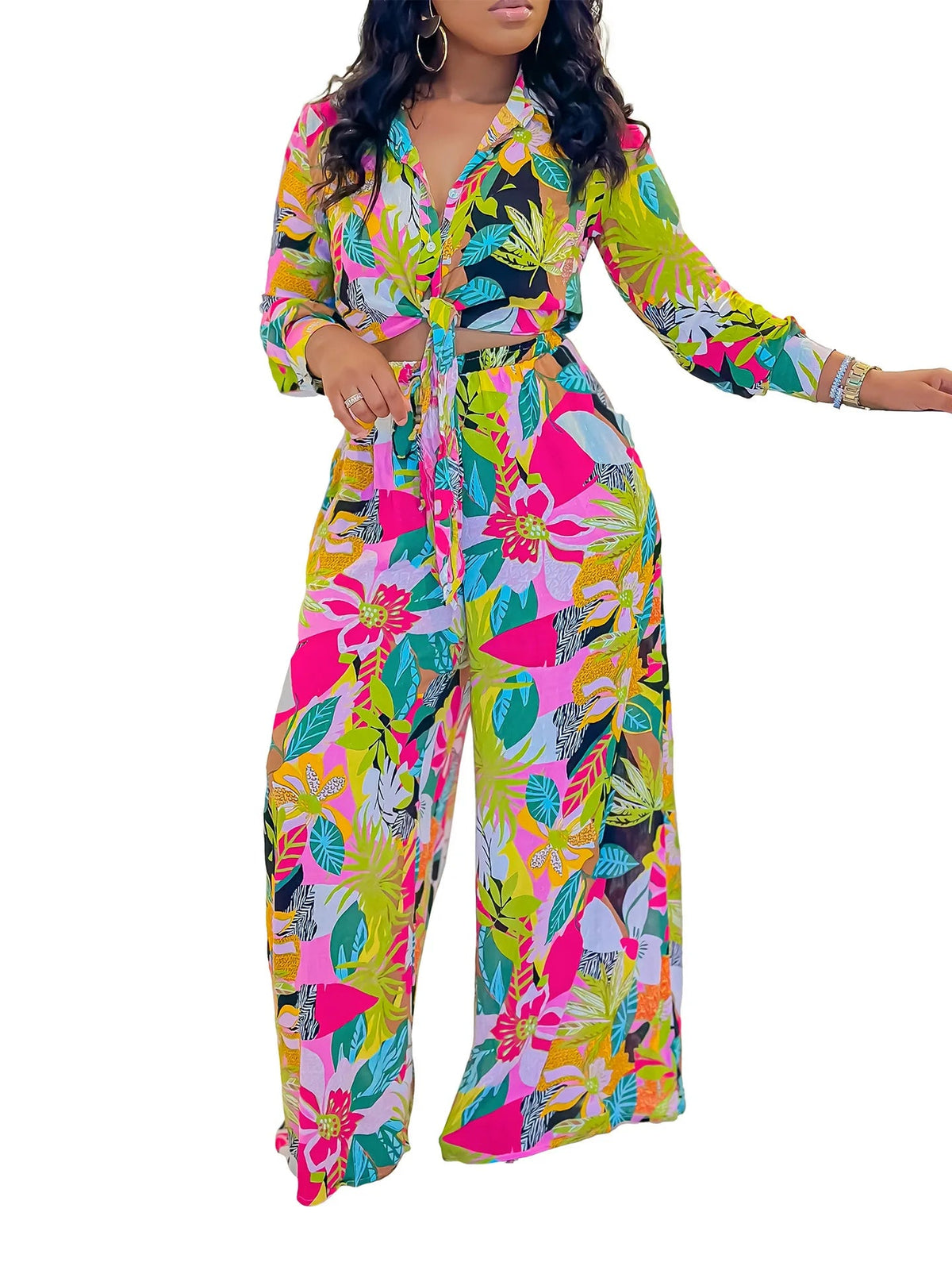 Two Piece Set Women Clothing Print Polo Collar Long Sleeve Shirt Top Wide Leg Pants 2 Piece Set Women Outfits for Women Good Vibrations