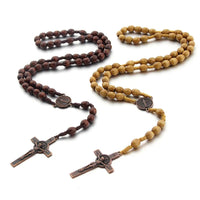 Jesus Cross Pendant Necklace Catholic Rosary Christian Religious Cross Hand Made Wooden Beads Exorcism Necklace Vintage Jewelry Good Vibrations