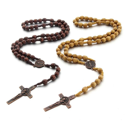 Jesus Cross Pendant Necklace Catholic Rosary Christian Religious Cross Hand Made Wooden Beads Exorcism Necklace Vintage Jewelry Good Vibrations