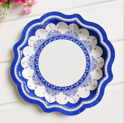 Retro Floral Chinese Style Blue and White Porcelain Paper Plate Party Plates Wedding Lace Dish Disposable Plate 1PC Tablecloth Good Vibrations