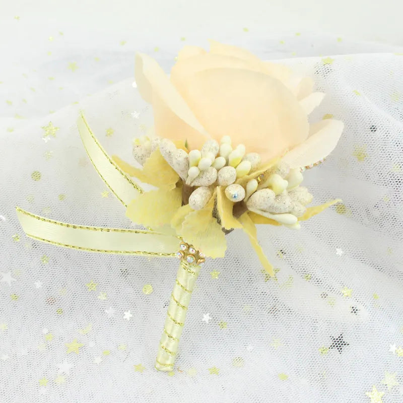 YO CHO Wedding Bouquet Artificial Rose Flowers Blue Brooch Corsages Glitter Rhinestone Ribbon Lace Classic Prom Boutonniere Pins Good Vibrations