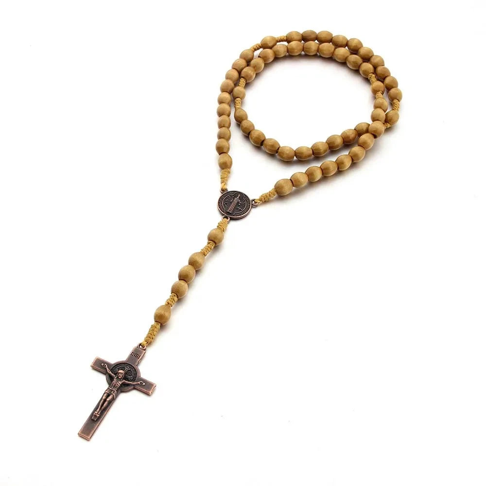 Jesus Cross Pendant Necklace Catholic Rosary Christian Religious Cross Hand Made Wooden Beads Exorcism Necklace Vintage Jewelry Good Vibrations