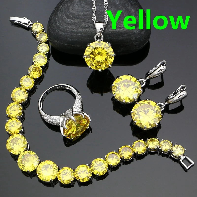 925 Sterling Silver Bridal Jewelry Sets For Women Yellow Cubic Zirconia Earrings Pendant Ring Bracelet Necklace Set Good Vibrations