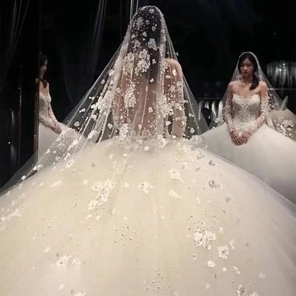 Feishiluo Luxury One-Layer 350 cm Long Cathedral Full Flower Lace Wedding Veil Comb Bead Diamond Bridal Veil Good Vibrations