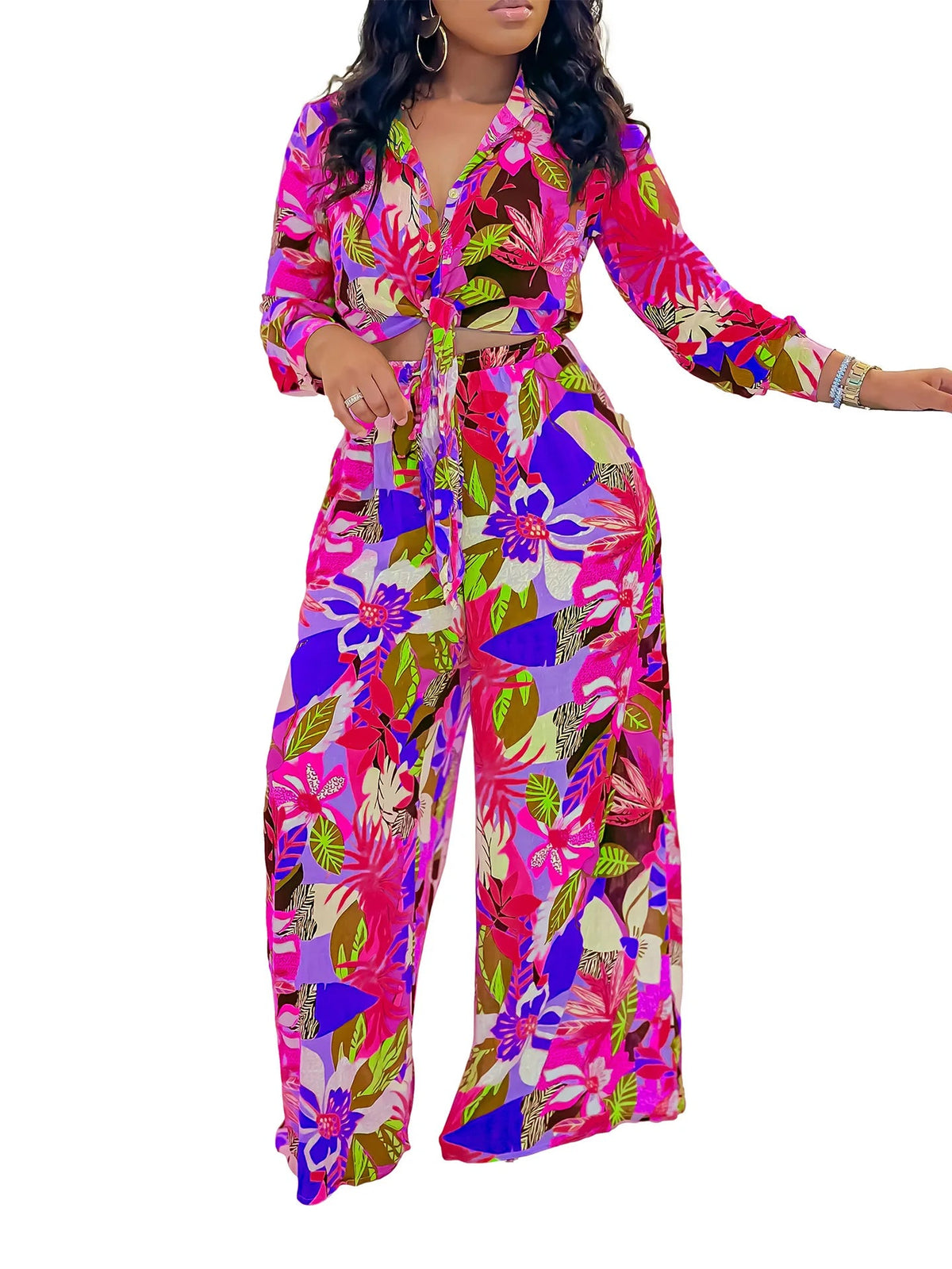 Two Piece Set Women Clothing Print Polo Collar Long Sleeve Shirt Top Wide Leg Pants 2 Piece Set Women Outfits for Women Good Vibrations