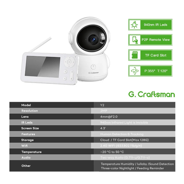 Y2-US 4.3 Inch Screen WIFI Auto Tracking APP Alarm Two-Way Audio Baby Monitor Camera 1080p Resolution Fast Delivery US Warehouse Good Vibrations