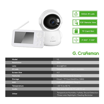 Y2-US 4.3 Inch Screen WIFI Auto Tracking APP Alarm Two-Way Audio Baby Monitor Camera 1080p Resolution Fast Delivery US Warehouse Good Vibrations