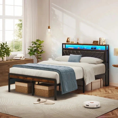 Full Size Metal Platform Bed Frame with Adjustable Upholstered Headboard, Charging Station, LED Lights, Noiseless Good Vibrations
