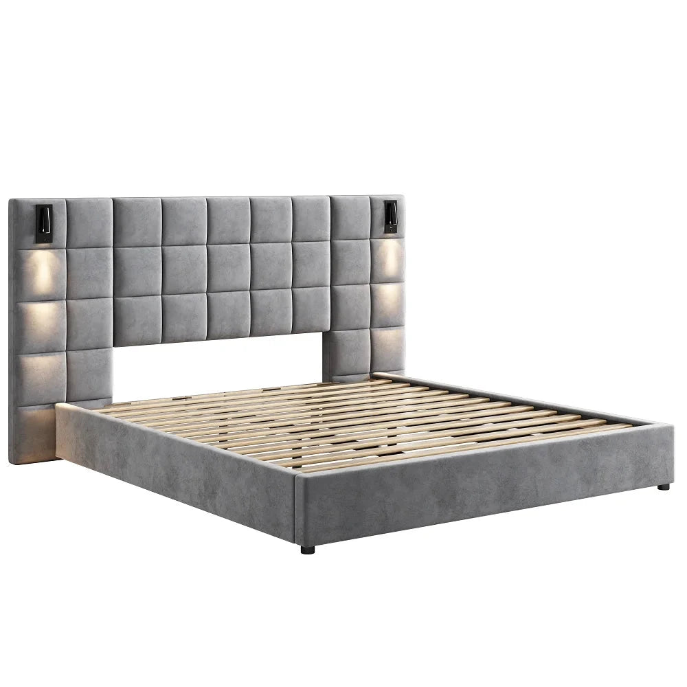 Modern King Bed with Reading Lamp & USB Port Upholstered Wide Headboard in Grey Smart Bed Design Good Vibrations