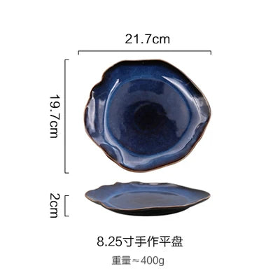 Household Ceramic Dinner Plate European Style Blue Glaze Salad Bowl Irregular Tableware Western Dinner Plate/kitchen Supplies Good Vibrations