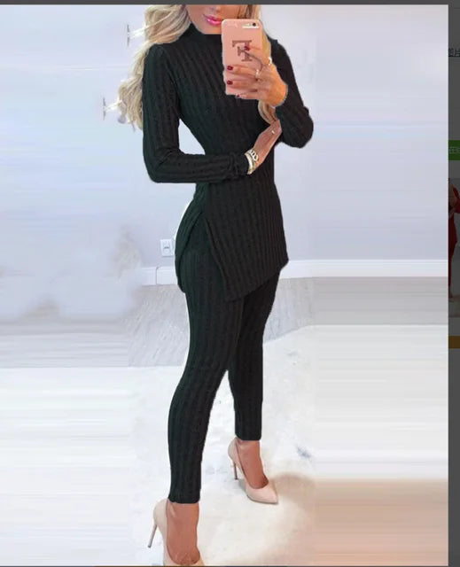 2023 Fashion New Two-piece Set High-necked Long-sleeved Tops Pocket Pants Casual Autumn Winter Sweater Women's Trousers Suit Good Vibrations