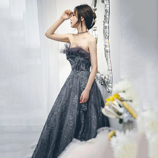 S7908F     New High -quality Hot -selling Blue Tube Top Starry Sky Plus Size Evening Dresses Women Lady Elegant Ball Gown Good Vibrations