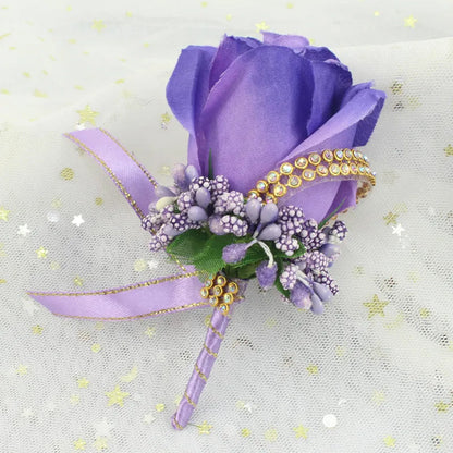 YO CHO Wedding Bouquet Artificial Rose Flowers Blue Brooch Corsages Glitter Rhinestone Ribbon Lace Classic Prom Boutonniere Pins Good Vibrations