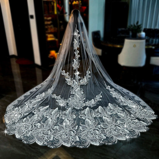 Feishiluo  Luxury One Layer Bead Bridal Veil  with Bead  Lace and Embroidery Wedding Veil in Elegant Style 3.5 Meters Long Good Vibrations