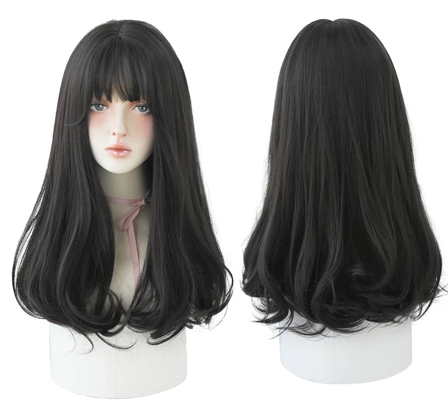7JHHWIGS Long Wavy Synthetic Black Wigs For Women With Fringe Fashion Heat Resistant Mid-Length Daily Straight Light Brown Hair Good Vibrations