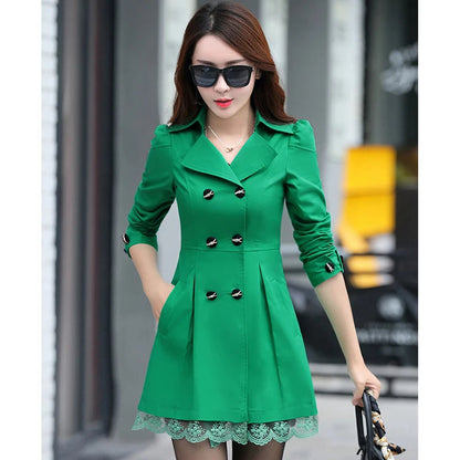 Fashion Double Breasted Windbreaker Spring Autumn Coats Women's Trench Coat Mid-Long Lace Stitching Casual Outerwear Female Good Vibrations