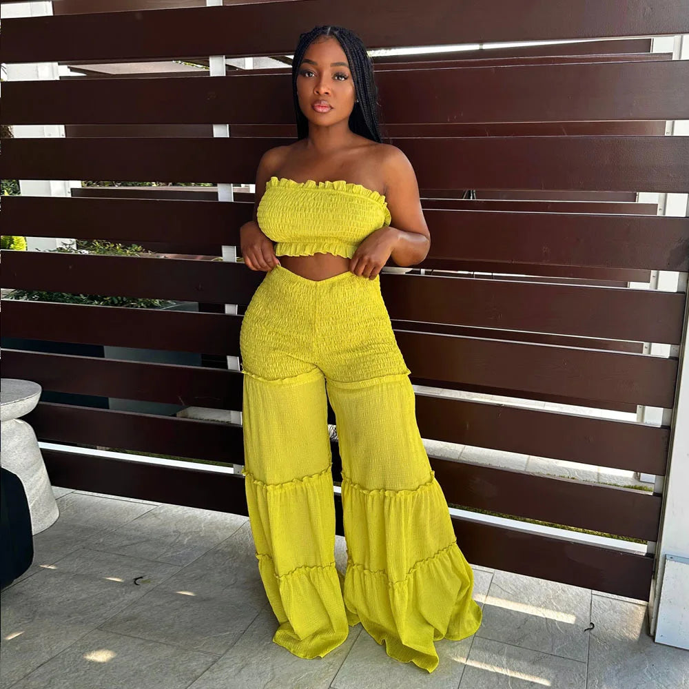 New Arrival Women Set Sexy Bubble Crepe Fabric With Wooden Ear Edge Patchwork Strapless Pants Two-piece Set Good Vibrations