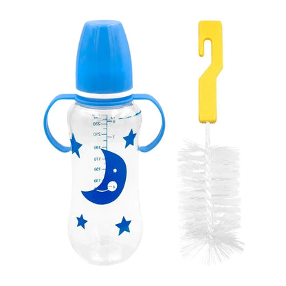 GDL Manual 250ml Plastic Baby Bottle with Plastic Bristle Brush Variety of Colors and Prints Water Flowing Through Nipple Good Vibrations