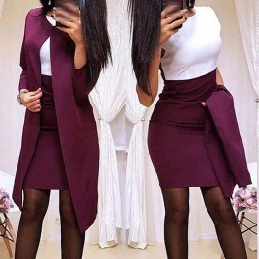 New Sexy Formal Dress Suits Women Long Blazer Jacket+Sheath O-Neck Mini Dress Office Wear 2 Piece Female Sets Women Set Dress Good Vibrations