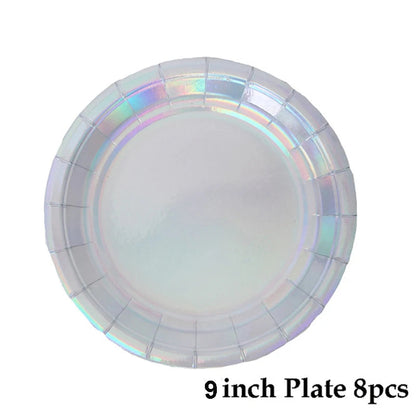 Rose Gold Disposable Tableware sets Paper Plates/cups/straws Iridescent Wedding Birthday Party Decor rainbow Dish Party Supplies Good Vibrations