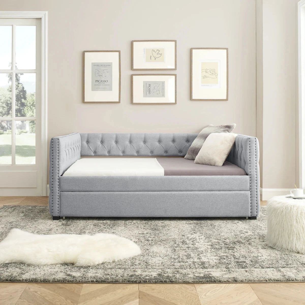 Daybed with Trundle Upholstered Tufted Sofa Bed With Button and Copper Nail on Square Arms Full Daybed and Twin Trundle Good Vibrations