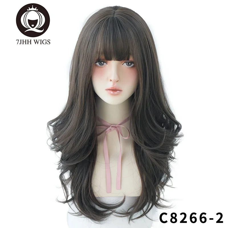 7JHHWIGS Long Wavy Synthetic Black Wigs For Women With Fringe Fashion Heat Resistant Mid-Length Daily Straight Light Brown Hair Good Vibrations