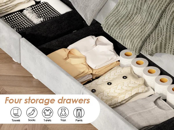 Luxe Velvet Platform Bed Frame with LED Headboard, 4 Storage Drawers, Adjustable Height, No Box Spring Needed, Queen Good Vibrations