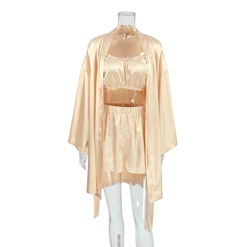 QINSI Sexy Bathrobe Silk Pajamas for Women Three Pieces Bra Robes Women Set Sleepwear Long Sleeved Satin Sexy Nightwear Good Vibrations