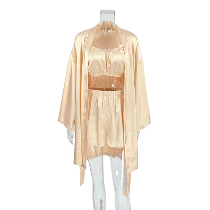 QINSI Sexy Bathrobe Silk Pajamas for Women Three Pieces Bra Robes Women Set Sleepwear Long Sleeved Satin Sexy Nightwear Good Vibrations