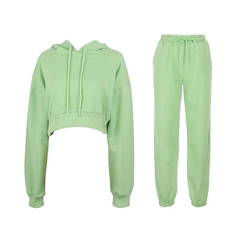 2021 Autumn Winter Jogger Jumper Gym Custom Workout  2 Piece Women Set Crop Top Oversize Hoodie Women Sweatshirt Good Vibrations