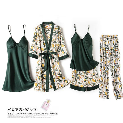 Pajamas for Women Pijama Mujer 4 Piece Set Sexy Ladies Pyjama Sleepwear Women Pajama Sets Sleep Lounge with Chest Pads Home Wear Good Vibrations