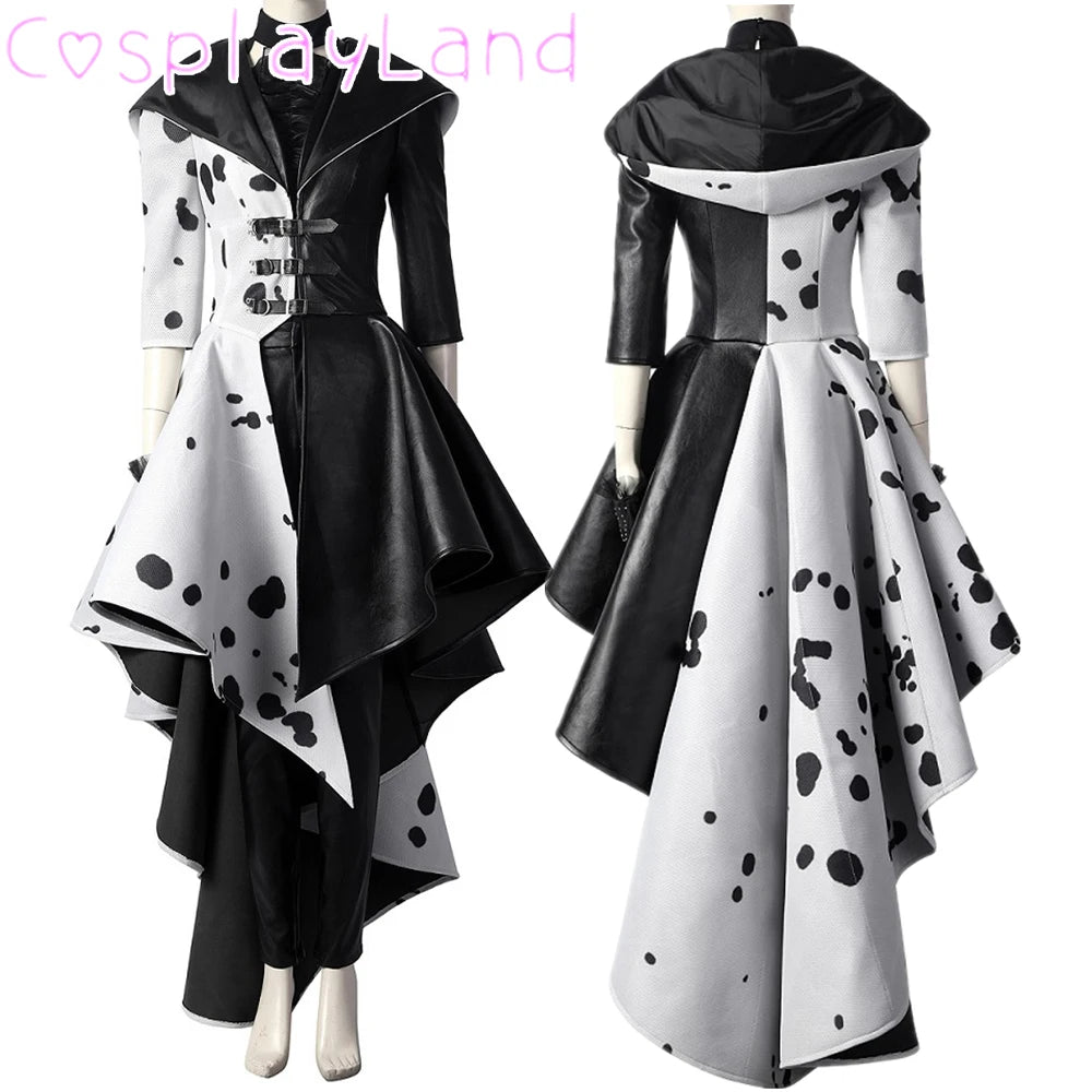 Cruella Costume Cosplay Evil Queen Black White Evening Party Dress Fashion Emma Magic Oufit Women Suit Coat Pants Gloves Good Vibrations