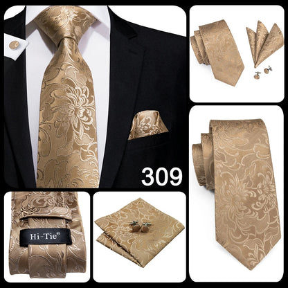 Hi-Tie Champagne Gold Striped Paisley Solid Men Silk Wedding Tie Fashion Design Necktie For Men Hanky Cufflink Business Party Good Vibrations