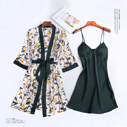 Women Satin Sexy Sets Ladies Nightgown Print Two-pieces Silk Sleepwear Robe+Nightdress Lounge Sets Pijama Good Vibrations