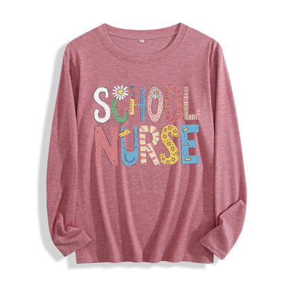 100% Cotton "School Nurse Colorful Patchwork Graphic" Long - Sleeve T - Shirt, Multi - Colors Good Vibrations